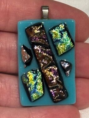 Handcrafted dichroic iridescent mermaidcore patchwork turquoise glass pendant